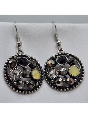 ✨2/$10✨ Round Silver Earrings Black Cluster Crystals Yellow Casual Gift